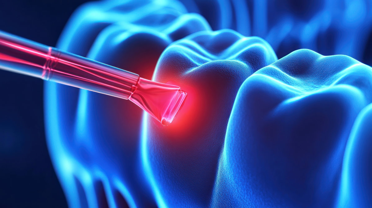 Laser dentistry treatment on a tooth, close-up view showing the laser pointer on the affected area.